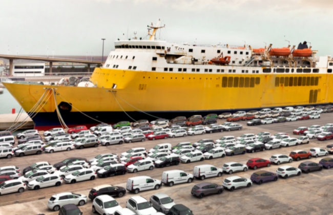 <By RORO (a ship solely for automobiles)> Overland transport after exiting the yard up until the wharf